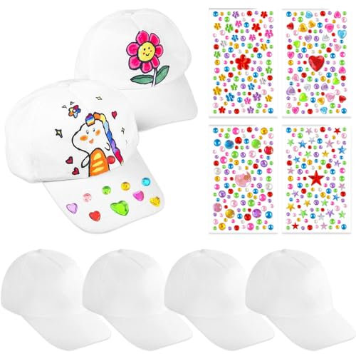 LoNinLoAn Graffiti Kappe Bastelset 6 Stück DIY Kappe Weiß Bemalen DIY Baseballcap Anstrich Hut Mütze Baseballmütze mit 4 Pcs Edelstein Aufklebern