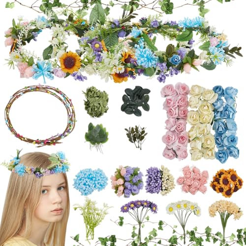 INFUNLY 12Sets DIY Flower Crowns Making Kit Handmade DIY Wreath Kit Floral Crown Garland Kit Make Your Own Flower Wreath Head Hair Accessories Gift for Wedding Birthday Home Party Art Crafts