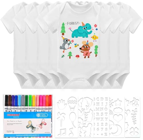 Body Personalizado 8 Baberos para Pintar, para Fiestas de Bebé, 8 Body de Manga Corta (38 x 21 cm), 14 Lápices Textiles de Colores, 5 Plantillas para Baby Shower, Peleles
