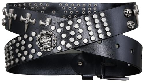 Surrycee Schwarz,125cm(42~44), Kreuz und Totenkopf Nietengürtel für Herren und Damen aus Metall, Gothic, Punkrock, Nietengürtel aus echtem Leder für Jeans, Hosen, Hip-Hop-Stil, 3,8 cm breit