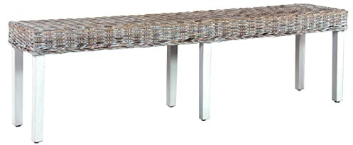 Brokky Sitzbank 160 cm Bank Flur Garderobe Bank Flurbank Sitzbank Schlafzimmer Hockerbank Weiß Natur Kubu-Rattan und Massivholz Mango