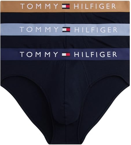 Tommy Hilfiger Men’s 3 Pack Hipster Briefs with Logo Waistband, Multicolor (Prp Nvy/Hckory/Brk Blu), XL
