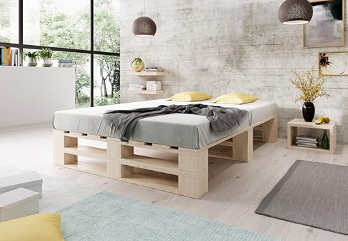Lermowood Palettenbett M2 aus Holz 200 x 200 cm Natur mit Lattenrost Holzbett 30cm Stabiles Seniorenbett Kinderbett Jugendbett Gästebett erhöhtes Einzelbett Bettgestell Futonbett Komforthöhe Naturholz