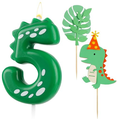 AIBAOBAO velas de cumpleaños con números 5, dinosaurios y 2 decoraciones para tartas
