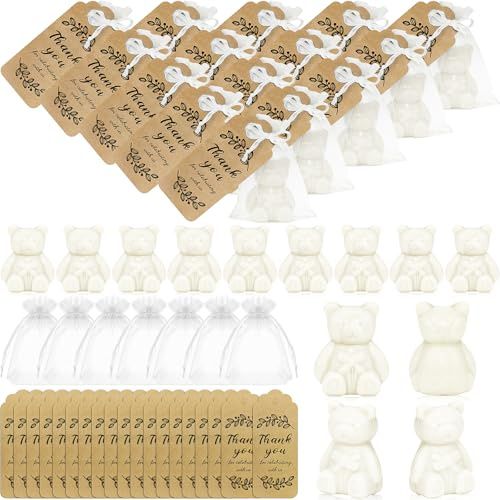 50 Pack Baby Shower Soap Favours, White Bear Soaps with Organza Bags | Scented Guest Soaps with Thank You Tags for Gender Reveal, Christening, Birthday Parties and Baby Shower Gifts