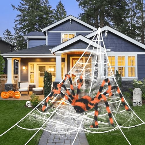 Halloween Deko Outdoor Spinnennetz, Halloween Garten Deko - 125cm Riesenspinne & 20 Mini Spinne, 5M Dreieckiges Riesen Spinnennetz Set - Gruselige Halloween Garten Deko Spinne für Draußen