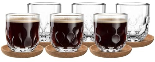 LEONARDO HOME GOCCE Kaffee-Set 12-teilig, 220 ml, 6 Korkuntersetzer & 6 Kaffeegläser für Siebträger, Spülmaschinengeeignet, Mit Tropfenstruktur, Transparent