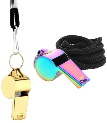 TSUOUKL Confezione da 2 fischietti in acciaio inox con cordino, fischietti colorati per allenatori, insegnanti, arbitri, ufficiali, scuole aperte
