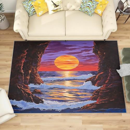 Generisch Wohnzimmer Teppich Schlafzimmer, Meer-Sonnenaufgangslandschaft Waschbar Kurzflor Teppich Flauschig Weich rutschfest Pflegeleicht Farbiges öLgemäLde Teppiche Kinderzimmer, Größe:160x230 cm