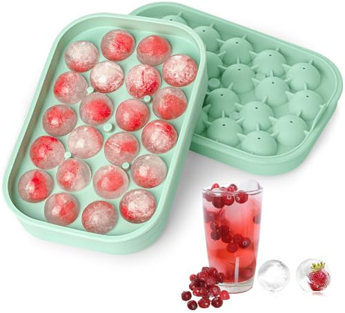 2 Stück Eiswürfelform Rund, Silikonschale für 22 Eisbälle mit Deckel, BPA-frei, leicht zu entnehmende Eiswürfelformen für Gefrierschrank, DIY runde Eiswürfel für Whisky, Cocktails, Kaffee-Grün