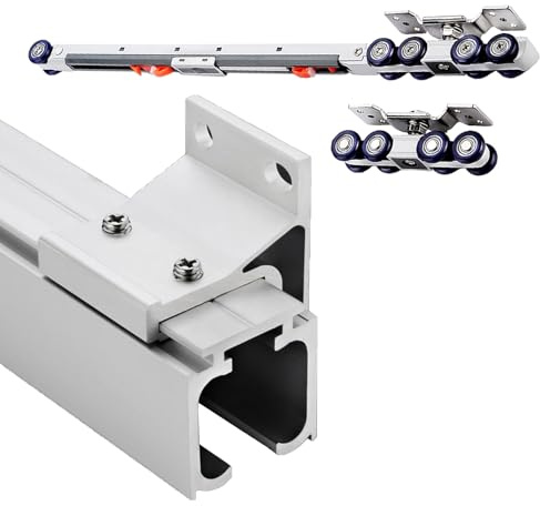 EXCLURA Schiebetür Schiene Soft-Close-Schiebetürschiene mit Wandhalterung, Verbessertes Beschlagset für Schiebetüren, Taschen-Türrahmen-Set mit Hoher Tragkraft(Silver-White,2.4m/7.9ft)