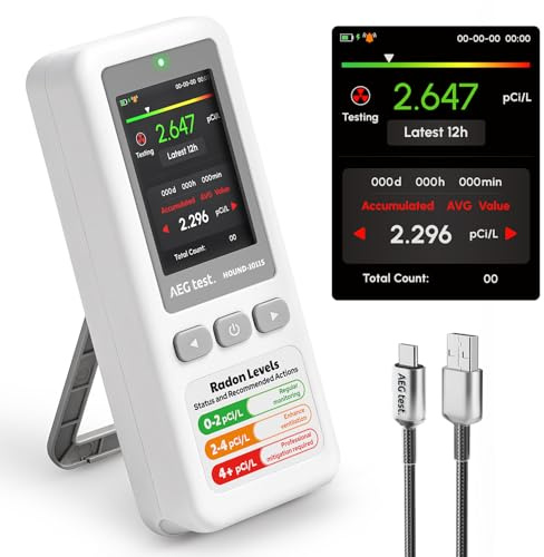 AEGTEST HOUND-1011S Portable Radon Detector, High-Accuracy Sensor for Home, Lightweight, Audible & Visual Alarms, Long-Term Monitoring, Easy-to-Use Radon Tester in pCi/L or Bq/m³ for Basement