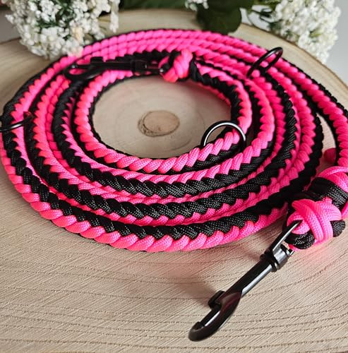 NEON-pink-Schwarze Hundeleine geflochten aus Paracord, für Hunde bis 18 kg, robuste Führleine, handgemachte Standarddleine für mittelgroße Hunde, wetterfest, langlebig (1,50 m)