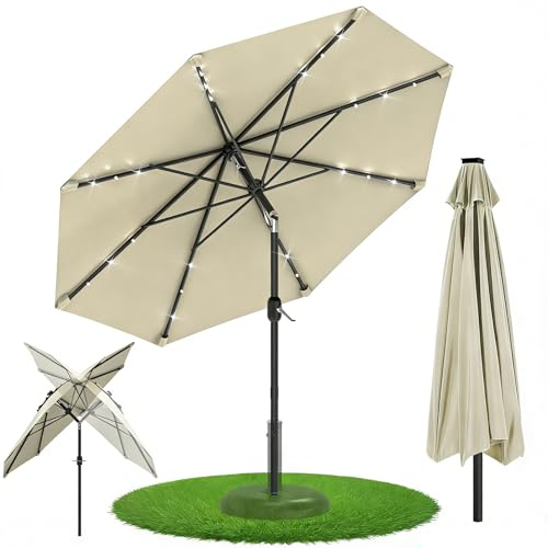 Ferzone Parasol 3m avec Manivelle & LED Solaire sans pied, Rond Parasol de Jardin Exterieur Inclinable 45° Anti-UV & résistant au vent, Sun umbrella pour Marché Balcon Terrasse Piscine (Beige)