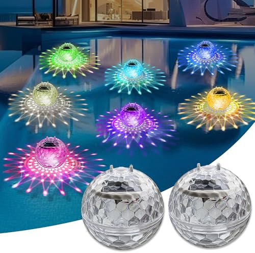 RNPKZ Solar Schwimmende Pool Licht, 2 Stück Schwimmende Poolbeleuchtung, LED Poolbeleuchtung Solars, Pools Lichter Unterwasser Solar mit 7 Farbwechsel Wasserdicht Teichbeleuchtung für Garten Pool Deko