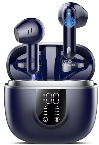 Ecouteurs Bluetooth sans Fil, Écouteurs Bluetooth 5.4, 4 ENC Réduction Bruit Mic, HiFi Stéréo, 45H de Lecture, Casque Contrôle Tactile, Écran LED, IPX7 Étanche Sport Oreillette pour iOS Android, Bleus
