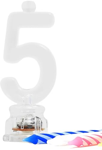 White Plastic Number 5 Flashing Candle Holder With Birthday Candle Set - 1 Set - Elegant, Eye-catching & Durable - Perfect Cake Topper For Birthday Celebrations