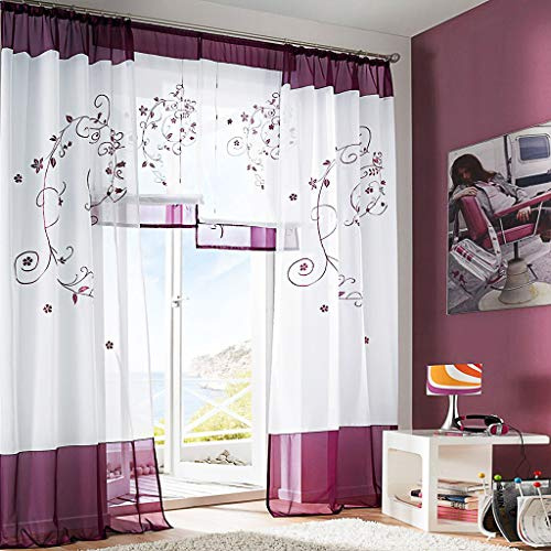 SIMPVALE Vorhänge mit Blumen Muster, Schlaufenschal 2er Set, Stickerei Voile Vorhang Transparent, Stores Gardine für Wohnzimmer, Balkon Schlafzimmer, Weiß mit Purpur,Breite 140 Höhe 245 pro Stück