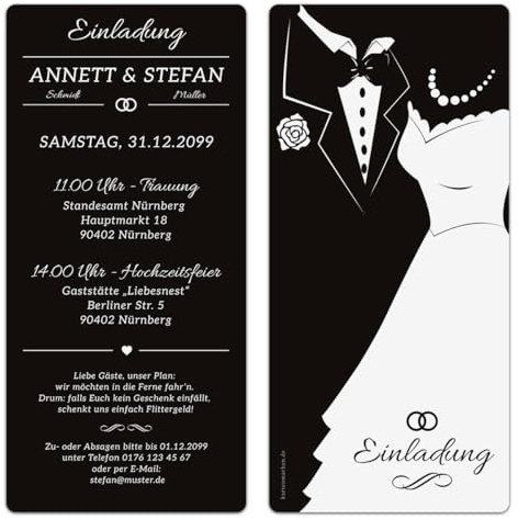 Kartenmachen.de Personalisierte Einladungskarten Hochzeit (ab 10 Stück) - Black & White Brautpaar - Schwarz - Hochzeitseinladungen