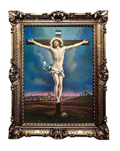 Jesus am Kreuz Gemälde Antik Barock Rahmen Barockrahmen mit Bild Wandbild 70x90cm Kunstdrucke Gemälde Religiöse Bilder Kunst von Heiligen Retro Repro für Home Büro Praxis Café 58B