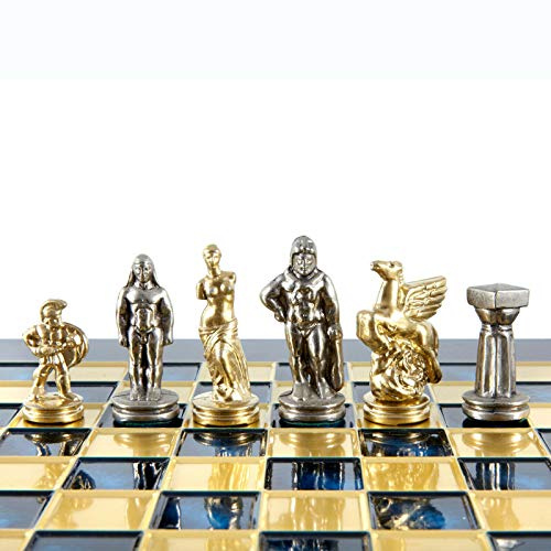 Manopoulos Spartan Warriors Chess Set - Brass&Nickel - Blue Chess Board