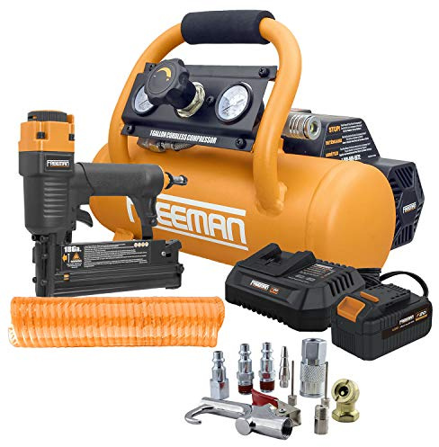 Freeman PE1GCCK 20V Cordless 1 Gallon Air Compressor with 3-in-1 Pneumatic Finish Nailer/Stapler, Battery, Charger, Air Hose, Inflation Accessory Kit and Fasteners (600 Count) – 700 Shots per Charge