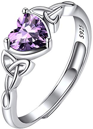 Suplight Nudo Trinidad Anillo Delgado de Compromiso Corazón con Cristal Amatista Lila de Febrero Anillos de Irlanda Plata de Ley para Mujeres Regalo Romántico para San Valentín