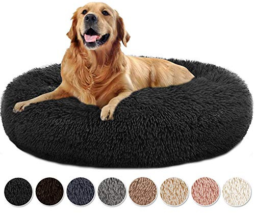 Yurun Hundebett, Katzenbett Haustierbett Weiches Katzenbett Für Kleine Mittlere Hunde Katzenliege Katzenkissen Waschbar Warm Plüsch Flauschig Tierbett in Doughnut-Form - Schwarz 110x110x20cm