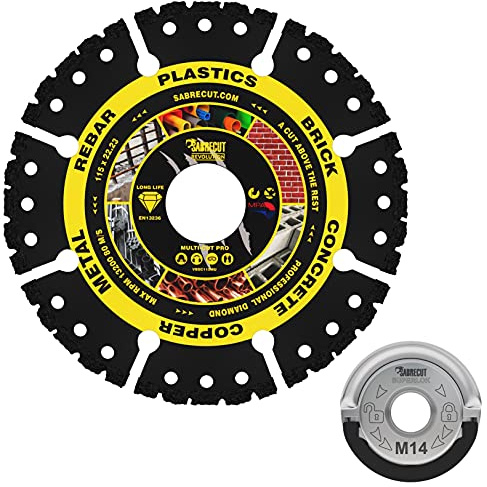SabreCut 2pcs VB115MUGRB 115mm x 22.23mm Bore Diamond Disc & M14 Flange | Vacuum-brazed diamond disc cuts multiple materials; quick-change M14 flange provides secure tool-free disc changes