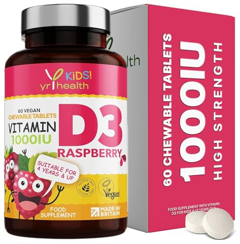YrHealth Kids Vitamin D3 1000 IU Chewable Raspberry Flavour 4-12 Years | High Strength, Vegan Society Registered, Tablets not Gummies, 2 Months Supply, Made in The UK