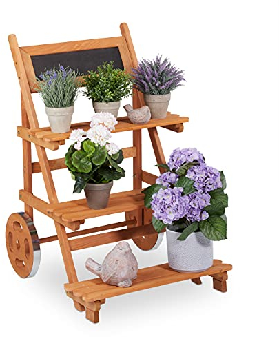 Relaxdays Blumentreppe, 3 Stufen, Kräuterregal mit Rädern & Tafel, Holz, innen & außen, HBT 90,5x59,5x69 cm, Hellbraun