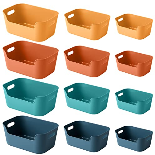 OWill 12-Pack Plastic Storage Basket Set with Multiple Color Storage Boxes for Organizing Bins, Kitchen Storage, Shelves Cupboard Organiser, Office and Home