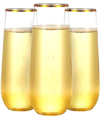 Stemless Disposable Gold Rim wine glass,12 Packs Stemless Champagne glass Gold Rim Clear Plastic Toasting Glasses |Mimosa Glasses | Unbreakable, Shatterproof, Disposable, Reusable BPA-Free 9 OZ