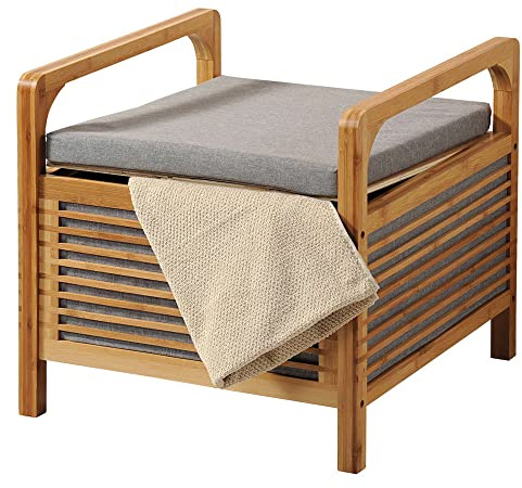 FSC Bambus Holz - Hocker mit Stauraum und Sitzkissen - Pouf Sitzhocker - Sofa Hocker Bank - Maße: 50 x 49 x 47 Cm