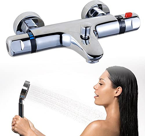 Duscharmatur Thermostat Brausethermostat mit Temperatur und Durchflusseinstellung 38 °C Sicherheitstaste Chrom Mischbatterie 20-50 ℃Thermostat Armatur Dusche Brause Thermostatarmatur aus Messing