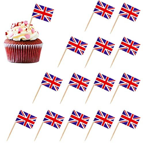Union Jack Cake Toppers,100pcs Union Jack Flag Cupcake Toppers Victory Day Anniversary Cake Topper Cocktail Sticks British Flags Great British Toothpick for Union Jack Royal Street Party Supplies