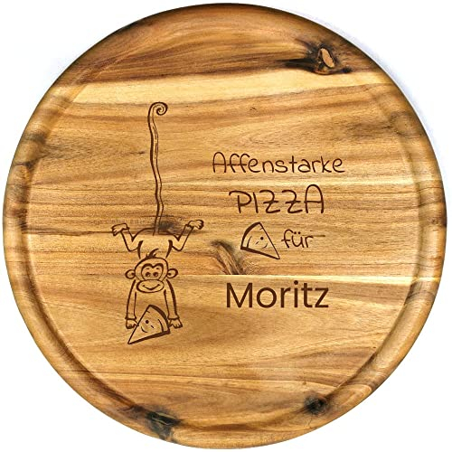 Sterngraf Pizzateller mit Gravur (Namen) personalisiertes Holz Pizzabrett 32cm - Geschenkidee zum Geburtstag Einschulung Kinder, Akazienholz Motiv P27 Affe