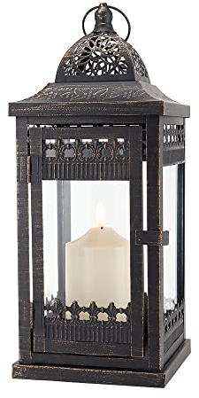 JHY DESIGN Dekorative Kerzenlaternen 37cm Hohe Hängelaterne im Vintage-Stil, Kerzenhalter aus Metall für drinnen und draußen, Veranstaltungen, Paraden und Hochzeiten（Schwarz mit Goldbürste）