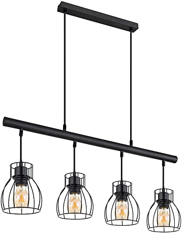 Vintage Pendelleuchte Hängelampe Esstisch Hängeleuchte Industrial schwarz Hängelampe, Käfig Schirme Metall, 4x LED 7W 806Lm warmweiß, L 77 cm
