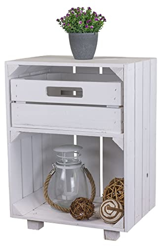 Kistenkolli Altes Land Nachttisch Abstelltisch weiß/geflammt mit Schublade ca 30x40x55cm Regalkiste Flaschenablage Weinregal Nachtschrank Weinkiste (Weiss)