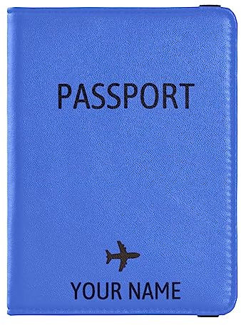 Personalisierte Reisepasshülle, Brieftasche, Kombi, individueller Name, PU-Leder, Reisepass, Impfkarten-Schutz für Frauen und Männer, Reisegeschenk, Flugzeug, Königsblau, Einheitsgröße