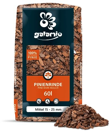 GALAMIO Pinienrinde Mittel 15-25mm 60l Sack 1 Paket Pinienmulch Pinienerde Rindenmulch Pinienborke Pinie Mulch Bark Rinde Für Pflanzen Garten Terrarium Natürlicher Dekorativer Bodenbelag Paligo