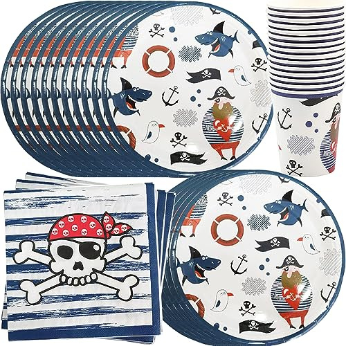 YGCHEN Piraten Partygeschirr Kindergeburtstag Geschirr Piraten Party Geschirr Geburtstag Dekoration Pappbecher Pappteller Servietten Jungen Geburtstagsfeier Geschirr Set 16 Gästen, YC-1146