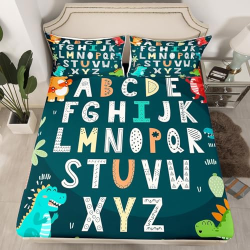 Alphabet Kids ABC Learning Fitted Sheet Twin Size, Cartoon Dino Bedding Set Kids Educational Nursery Art Bed Sheet Set for Boys Girls Jungle Dino Bed Cover (1 Pillow Case and a Fitted Sheet)