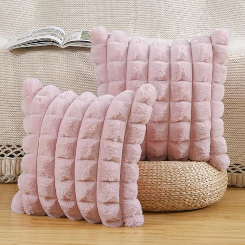 Madizz 2er Set Kunstpelz Plüsch Dekorative Kissenbezüge Gestreifte Weich Dekorative Kissenbezug für Sofa Schlafzimmer Kissen Shell Rosa 50 x 50 cm