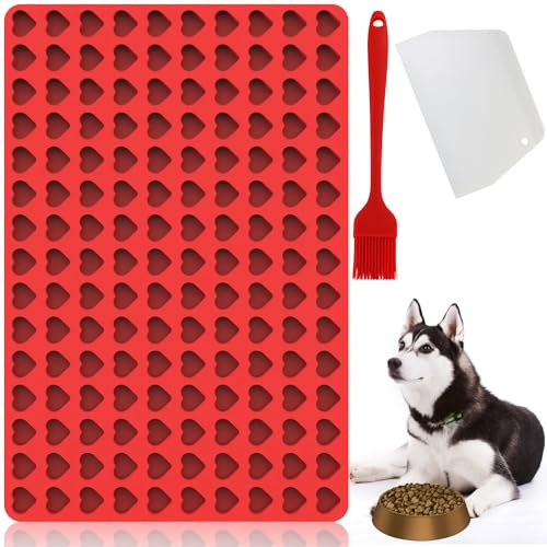 Belugsin 1,5CM Mini Herz Backmatte Hundekekse Backform 150 Gitter Hundekekse Silikon Backmatten Hundeleckerli Herzbackform Backunterlage mit Backpinsel und Teigschaber für DIY Hundeleckerlies-Red