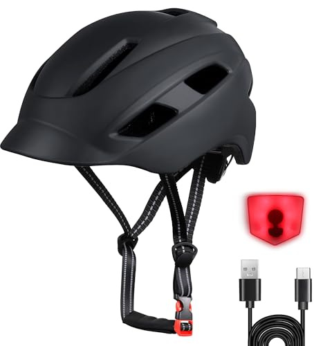 Bike Helmet, Adjustable Cycling Helmet with USB Rechargeable LED Light, Lightweight Bicycle Helmets for Adults, Breathable Mountain & Road Cycle Helmet for Men Women (Matte black)