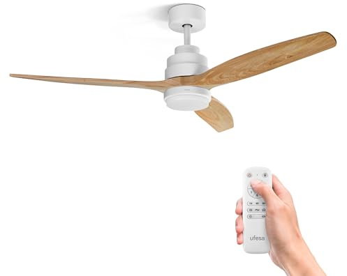 UFESA CFNP Ventilateur de Plafond avec Lumière, 40W, 6 Vitesses, Silencieux, 3 Pales en bois Naturel 132cm, Fonction été - hiver, Minuterie 8h, 3 Niveaux de Lumière, Télécommande, Blanc-Bois Clair