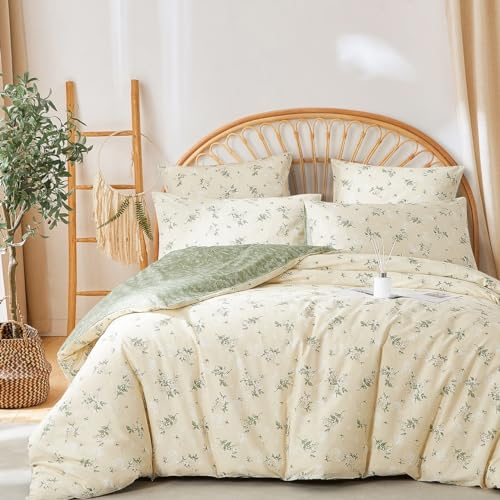 Lanqinglv Bettwäsche 135x200 Baumwolle Blumenmuster,Beige Grün Pflanzen Wendebettwäsche Renforce ÖKO-TEX Bettwäsche Set Vintage Bettbezug mit Reißverschluss und 1 Kissenbezug 80x80 cm