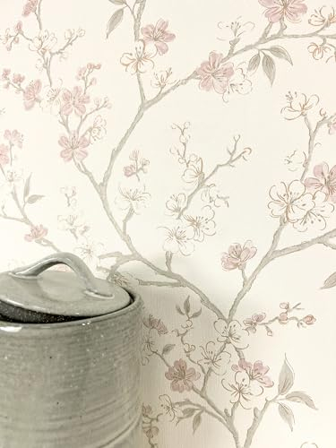 Newroom Tapete Weiß Vliestapete Kirschblüten - Blumentapete Floral Rosa Beige Äste Zweige Vintage Landhaus Klassisch Blüten inkl. Tapezier-Ratgeber
